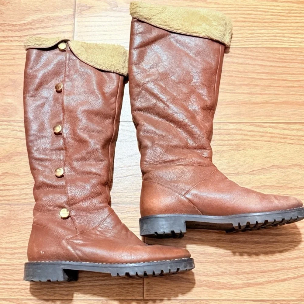 Michael Kors Brown Leather Tall Riding Boots Faux Fur Lined Size 6.5